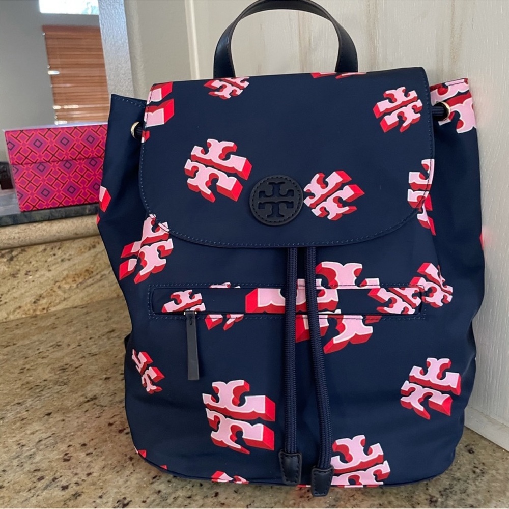 Tory Burch Dark Blue and Red Pattern Backpack